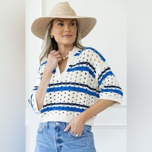 Split Neck Stripe Sweater, Blue